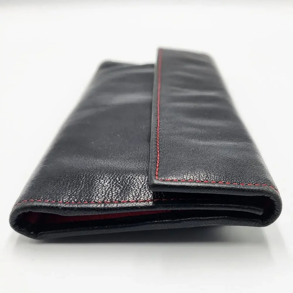 Vintage Tusk Black Red Genuine Leather Slim Trifold Snap Button Wallet Classic